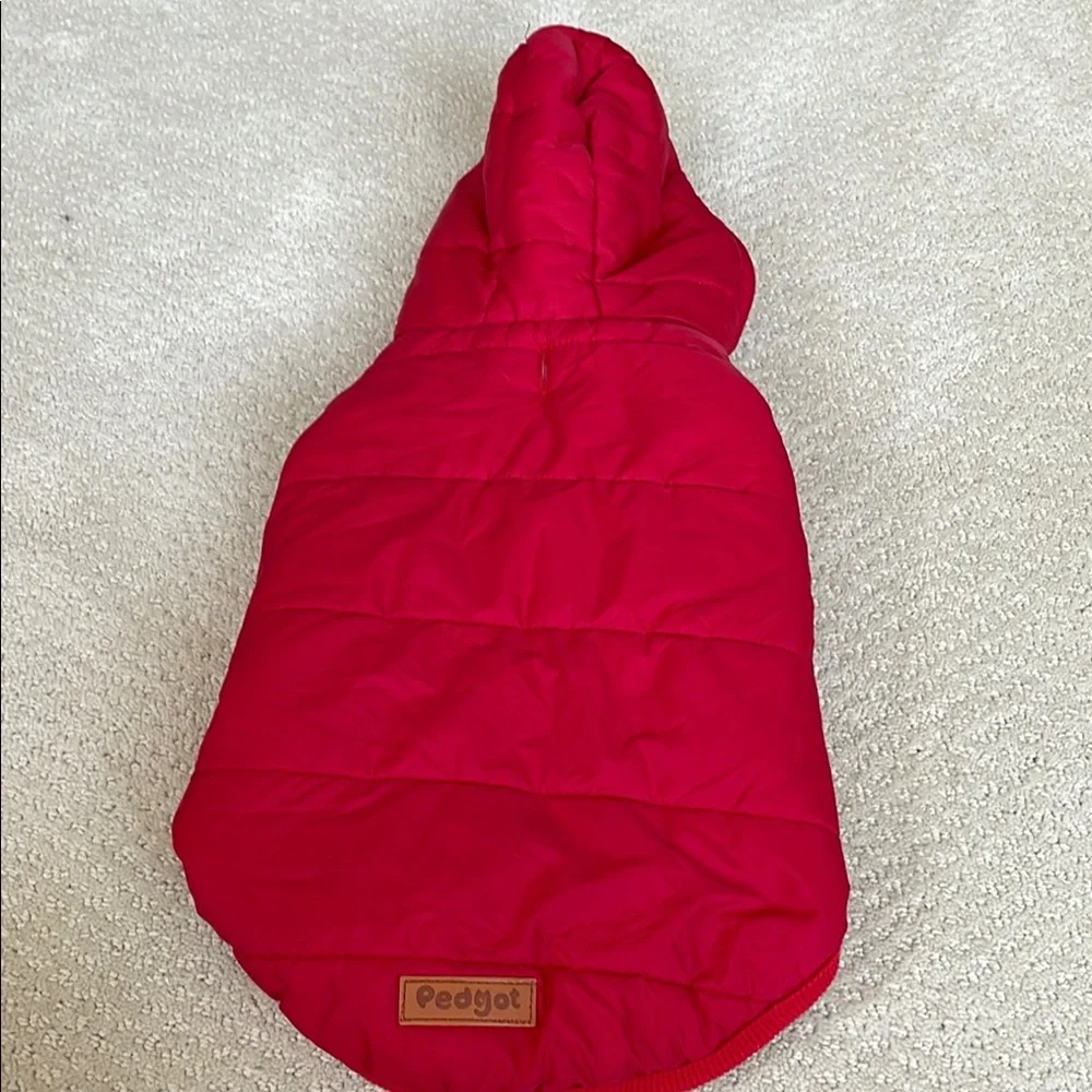 Red Hooded Dog Coat with Tan Patch